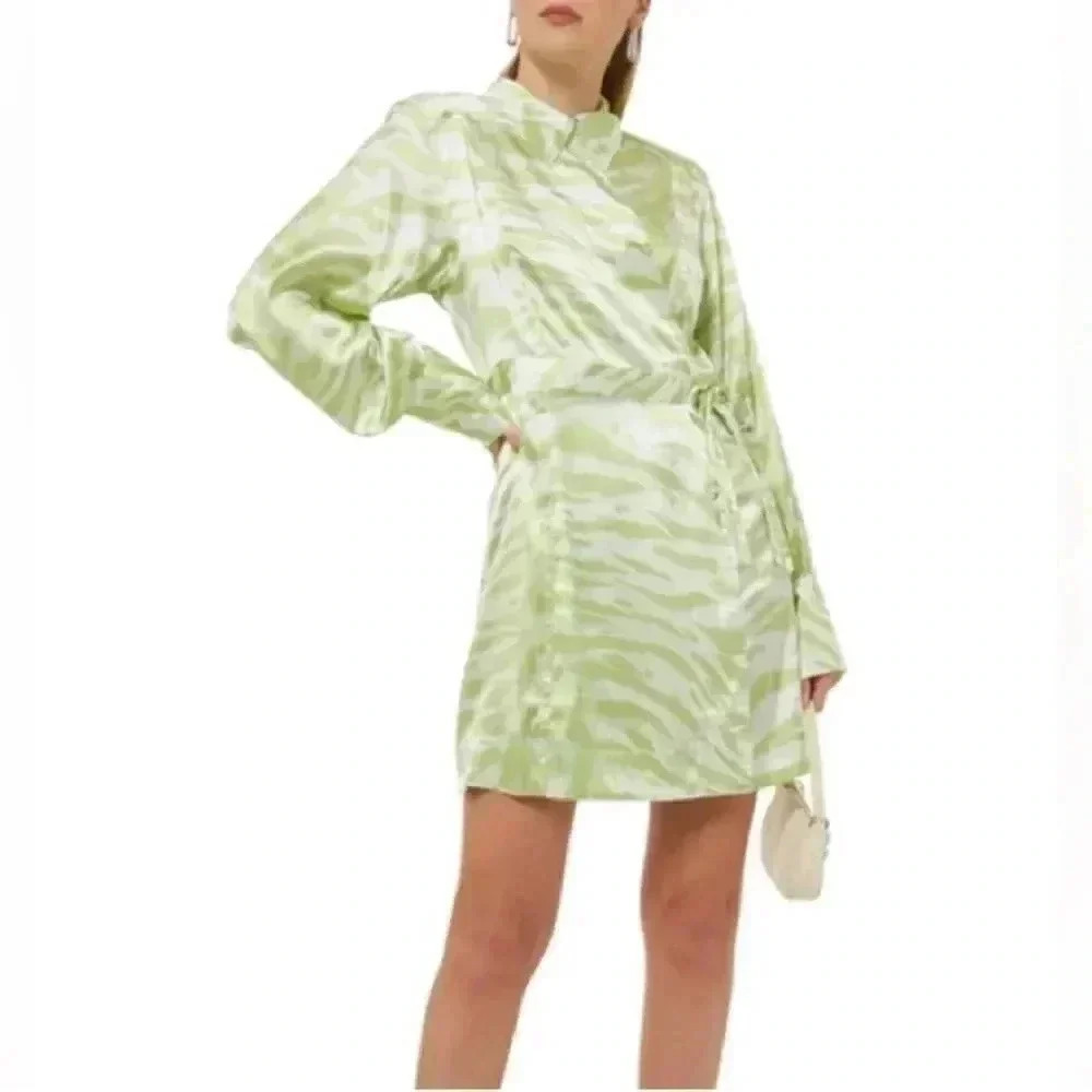 NWT Ganni Silk Zebra Print Wrap Mini Dress size EU42 US10